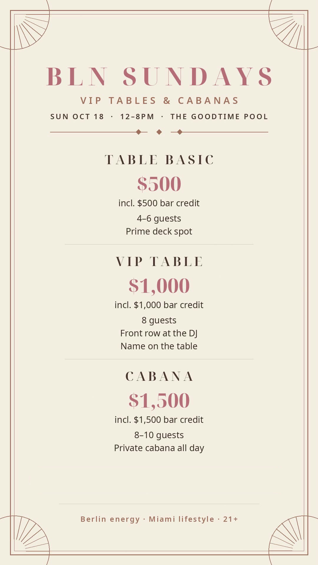 BLN Sundays · VIP Tables & Cabanas